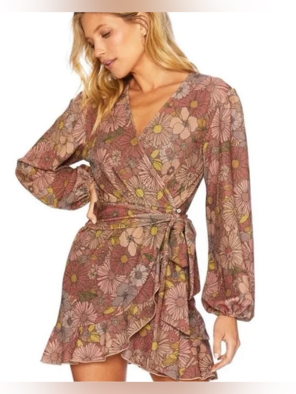 Beach Riot Lotus Wrap Dress in a retro glitter floral pattern